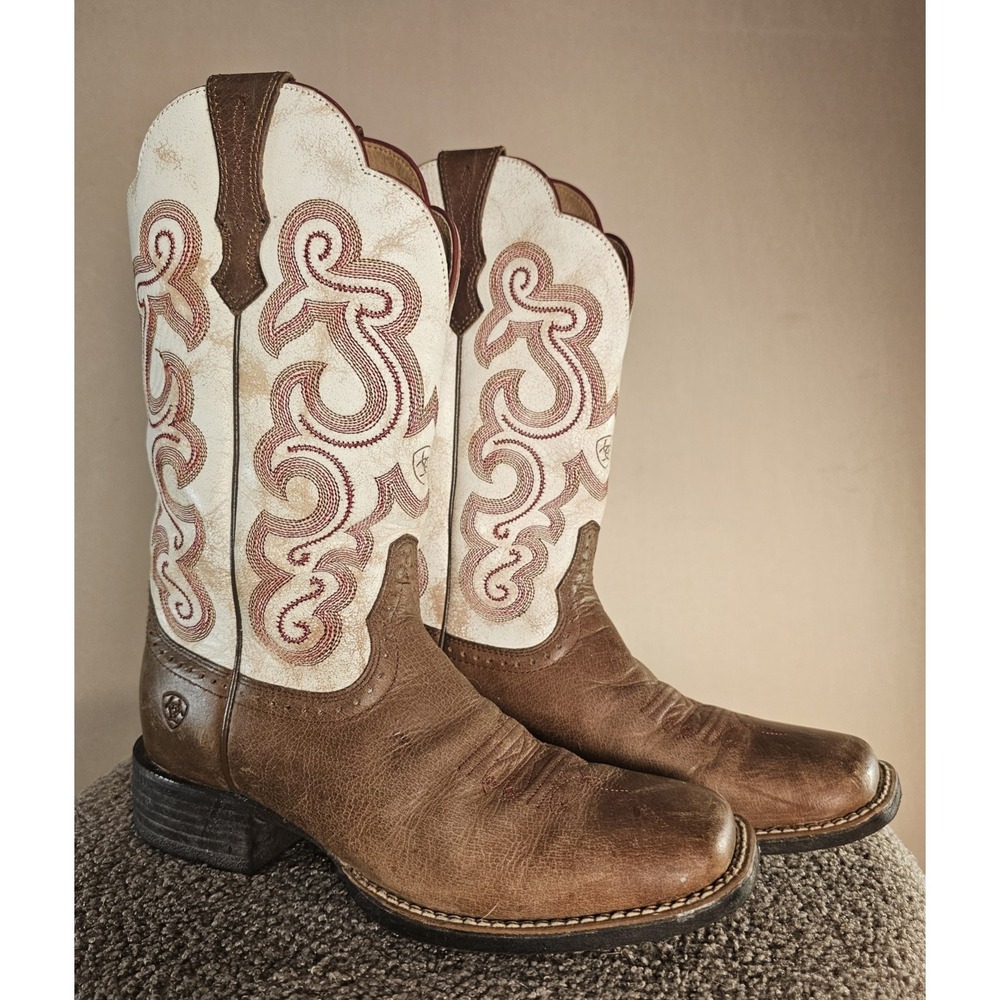 Ariat Women's 7B Cowboy Boots Brown Cream Embroidered Square Toe Western